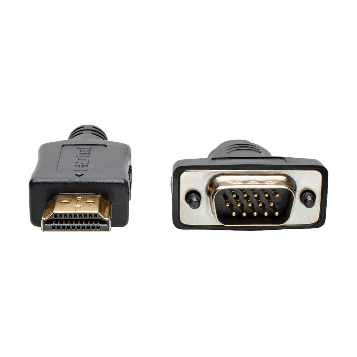 Conectores HDMI y VGA, negro, primer plano. Fondo blanco.