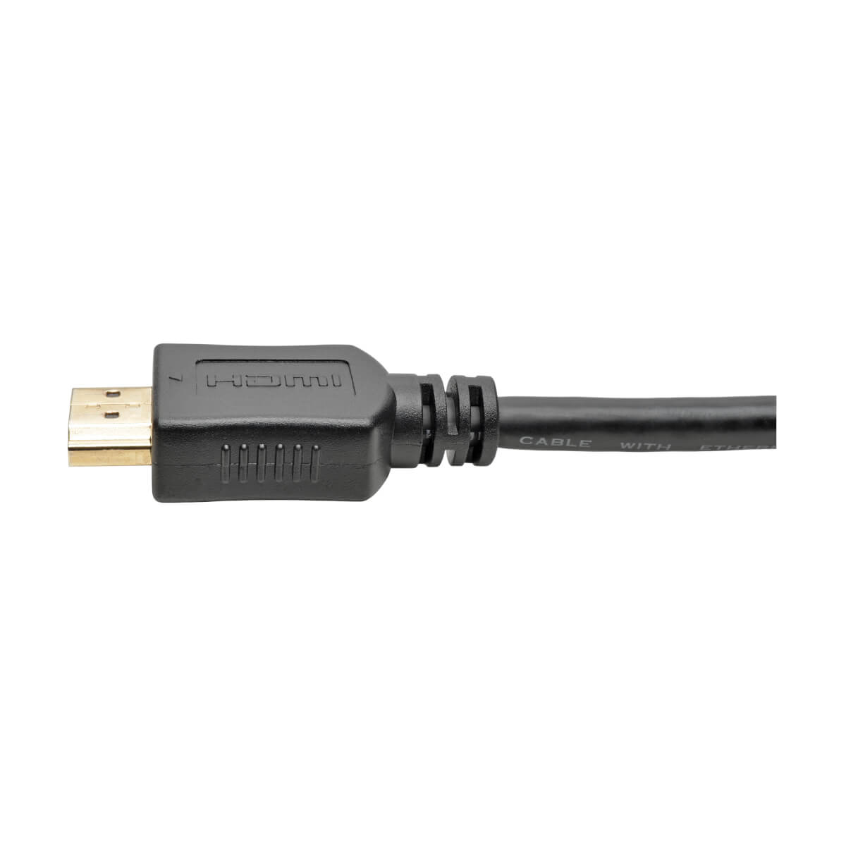 Cable HDMI, conector en un extremo, negro. Fondo blanco.