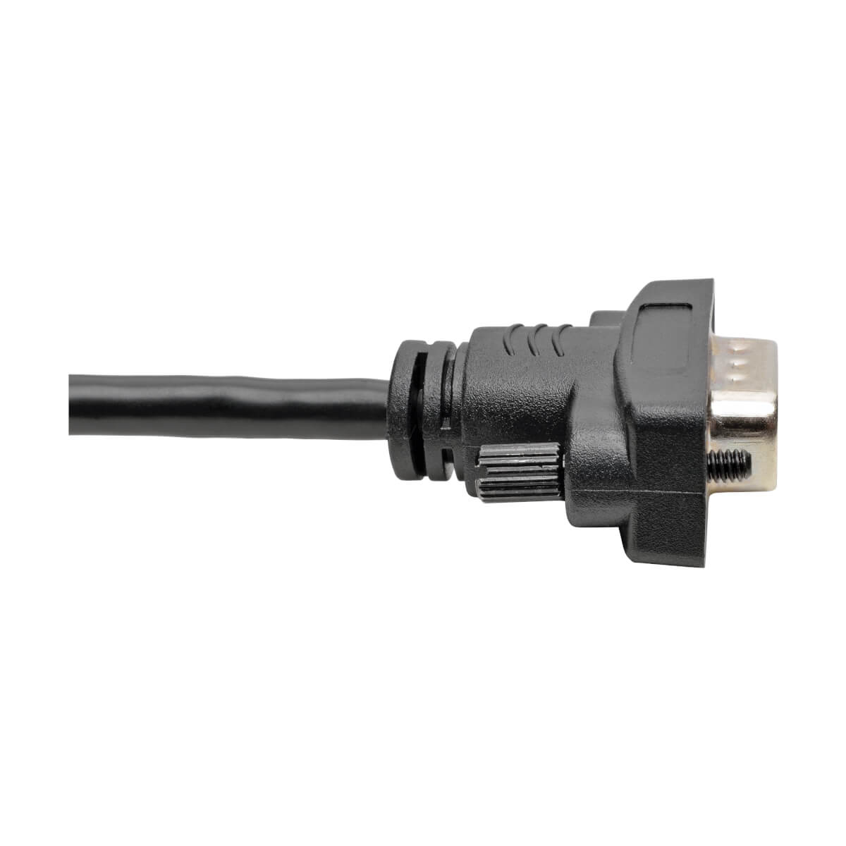 Conector VGA, negro, primer plano. Fondo blanco.