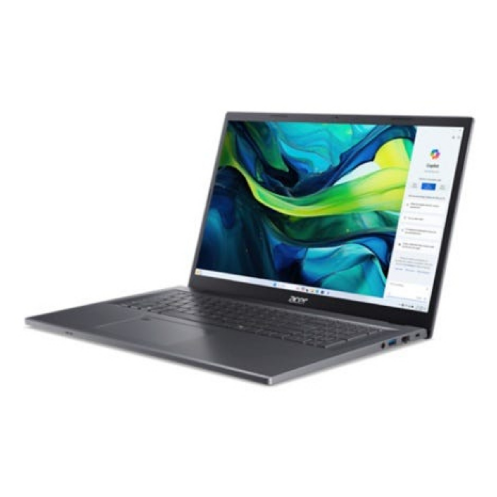 Laptop na białym tle, z ekranem pokazującym kolorowy interfejs ze słowem Copilot.