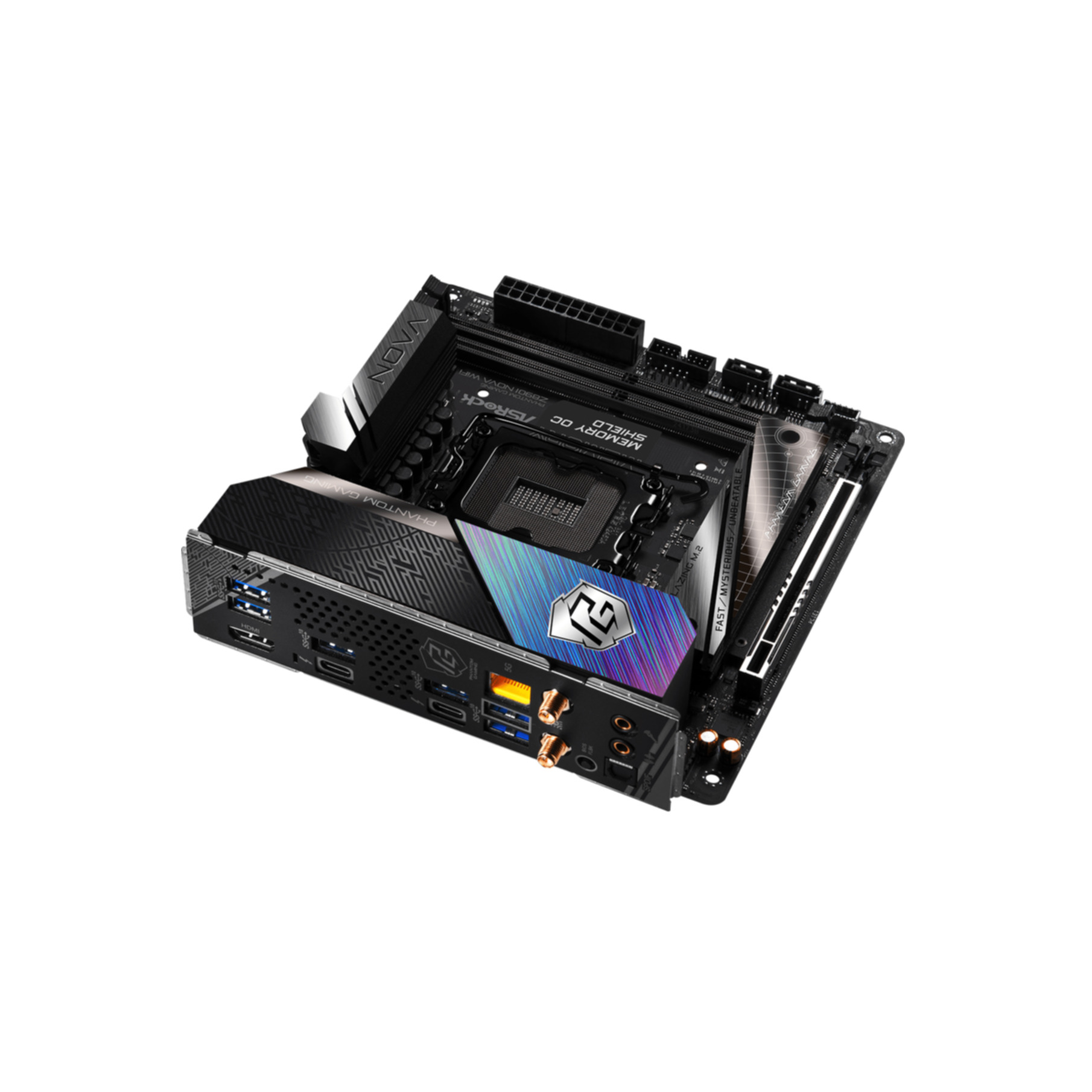 Czarna i szara płyta główna komputera z wielokolorowym designem.