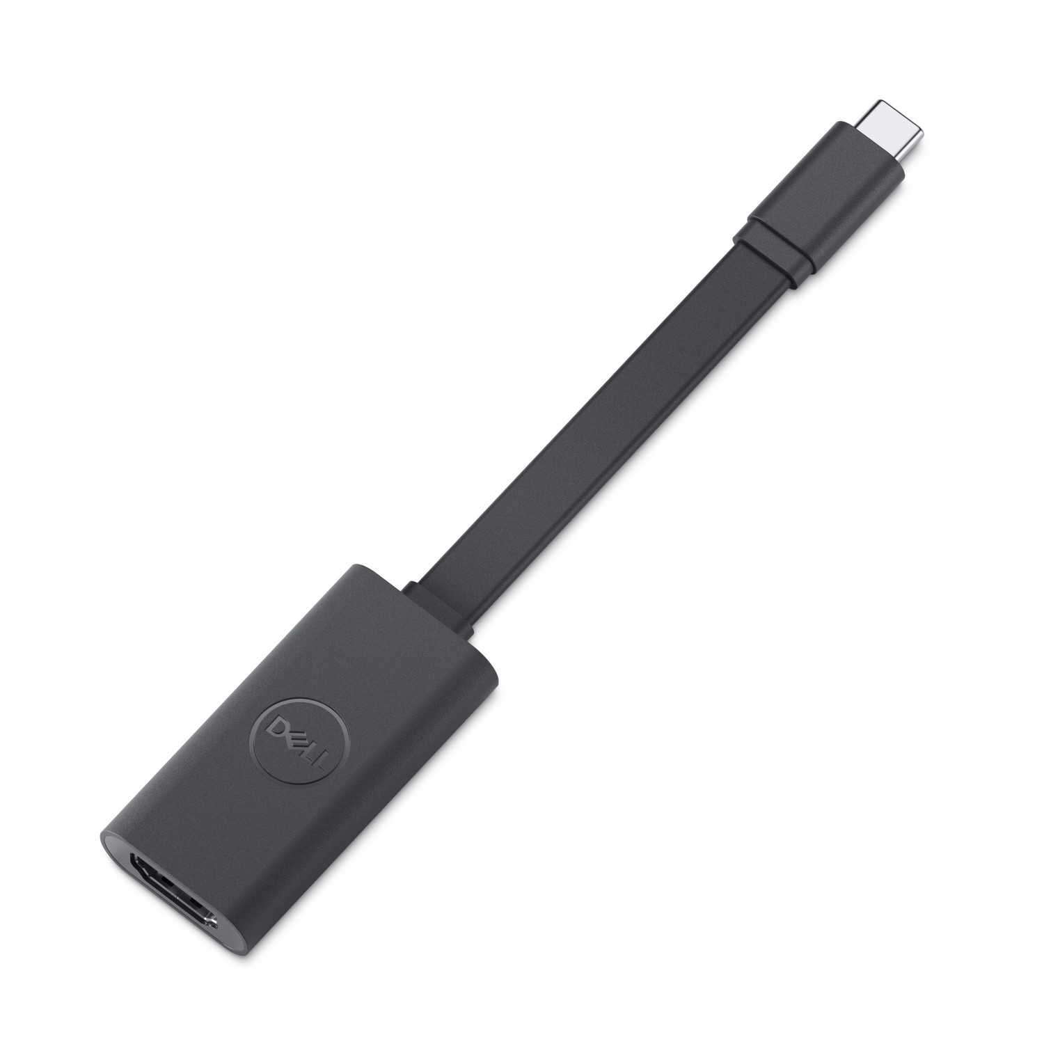 Czarny adapter Dell USB-C do HDMI na białym tle.