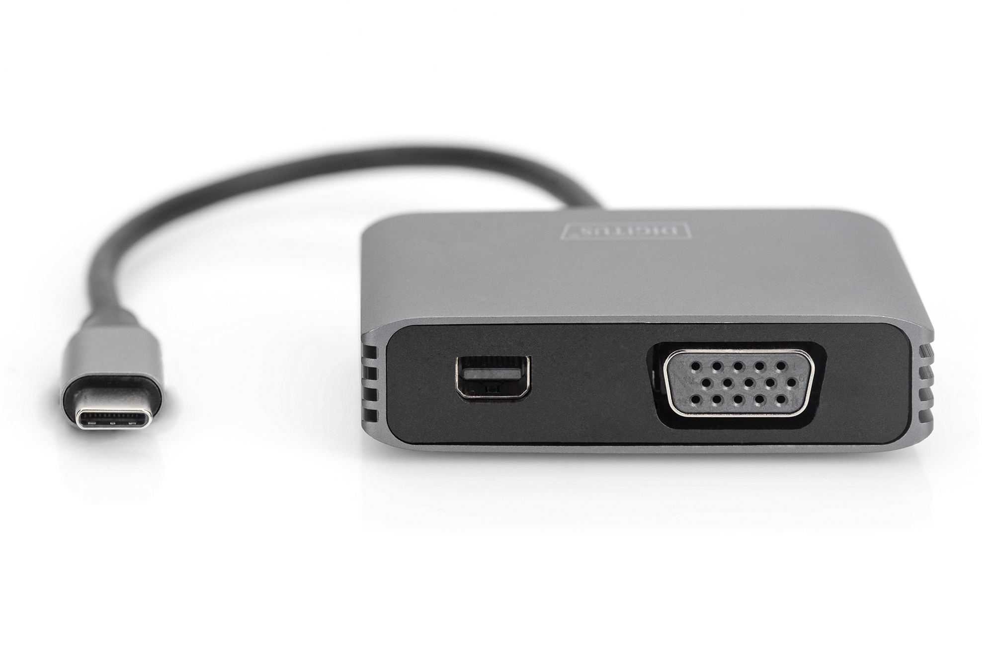 Adaptador USB-C gris con puerto USB-C y puerto VGA.