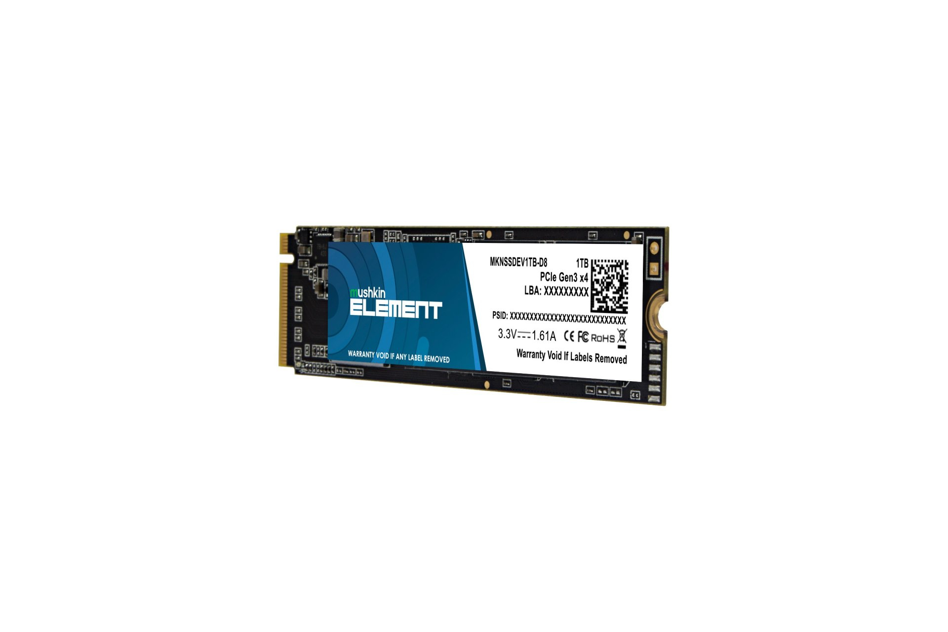 Czarny i niebieski dysk SSD M.2 Element z napisem '1TB', 'PCIe Gen5 x4' i 'Warranty Void'.