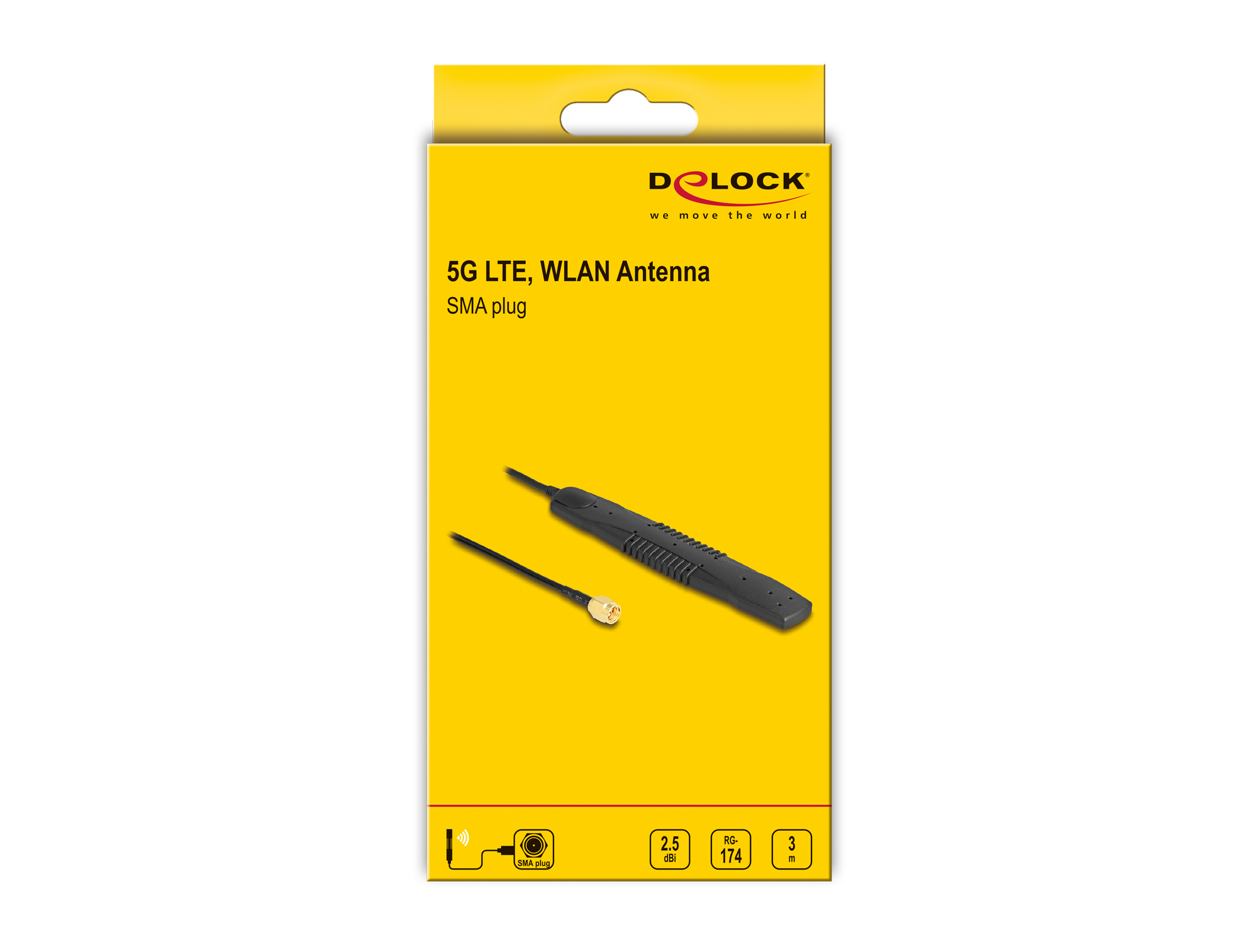 Eine gelbe Verpackung mit einer 5G LTE WLAN-Antenne. Die Antenne und der SMA-Stecker sind sichtbar.