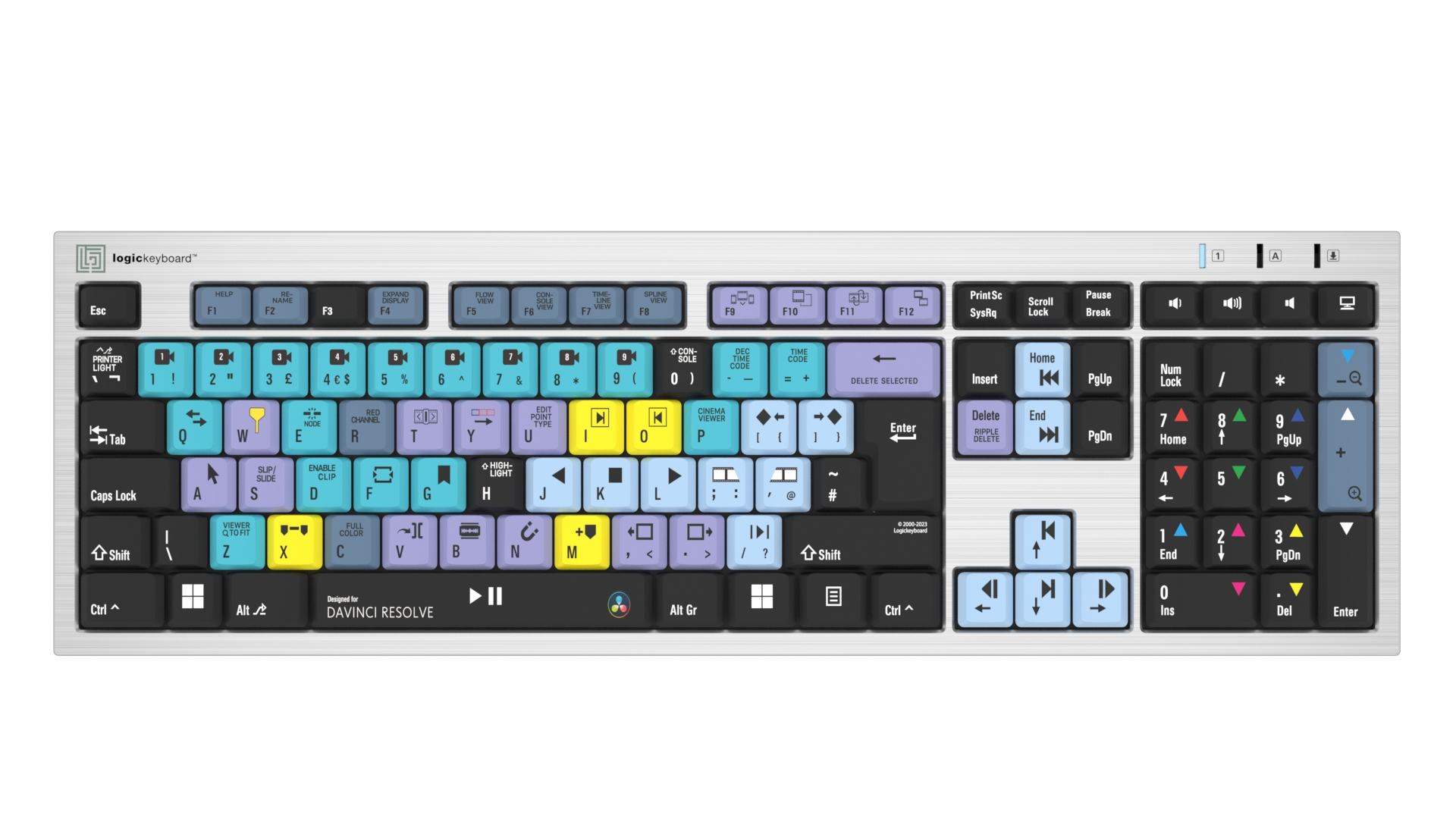 Una tastiera Logic con tasti colorati, progettata per software di video editing, su sfondo bianco.