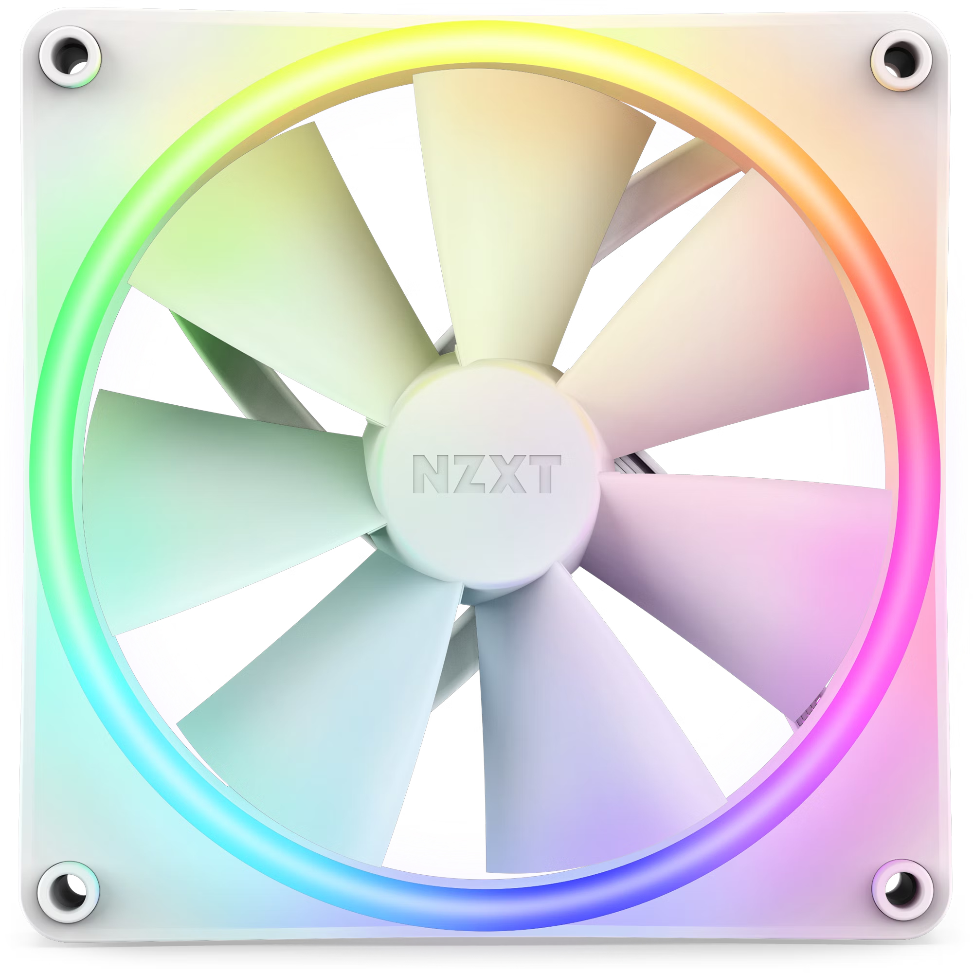 Weißer Lüfter mit RGB-Beleuchtung um die Rotorblätter. Das Logo NZXT ist in der Mitte.
