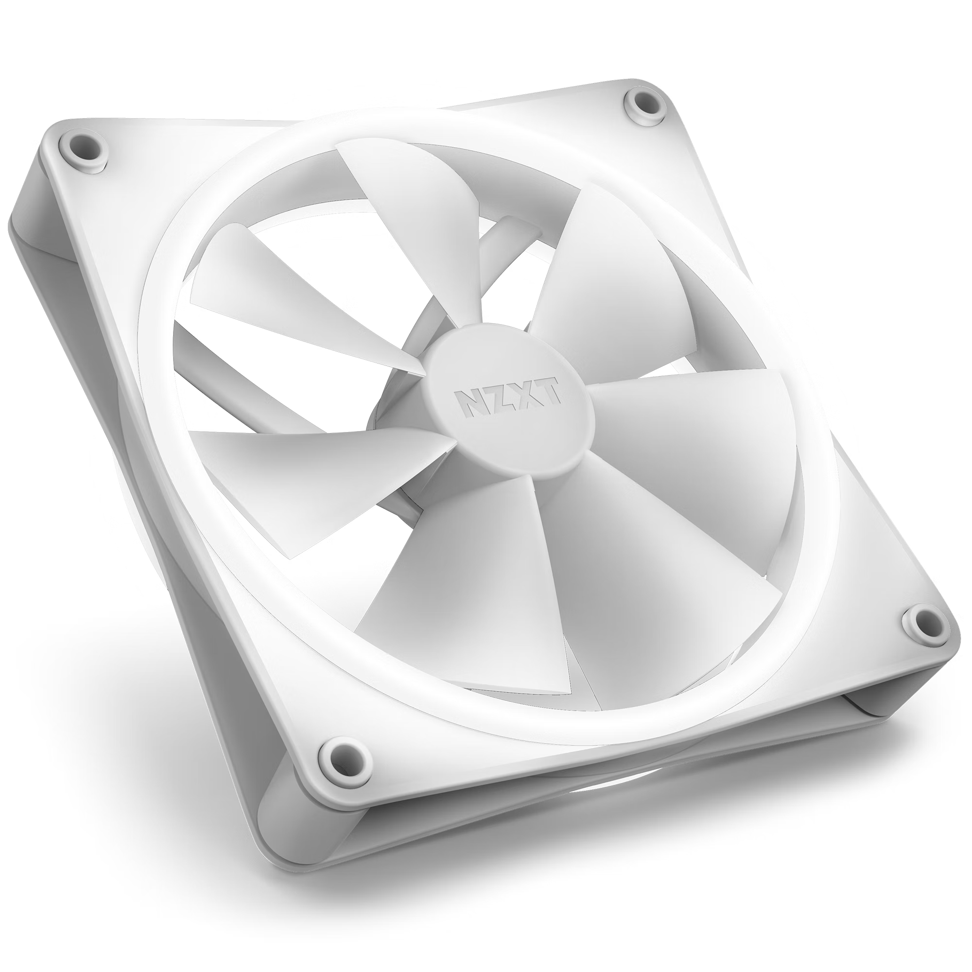 Weißer Lüfter mit weißem Rahmen und Rotorblättern, geneigt. Das NZXT-Logo ist in der Mitte.