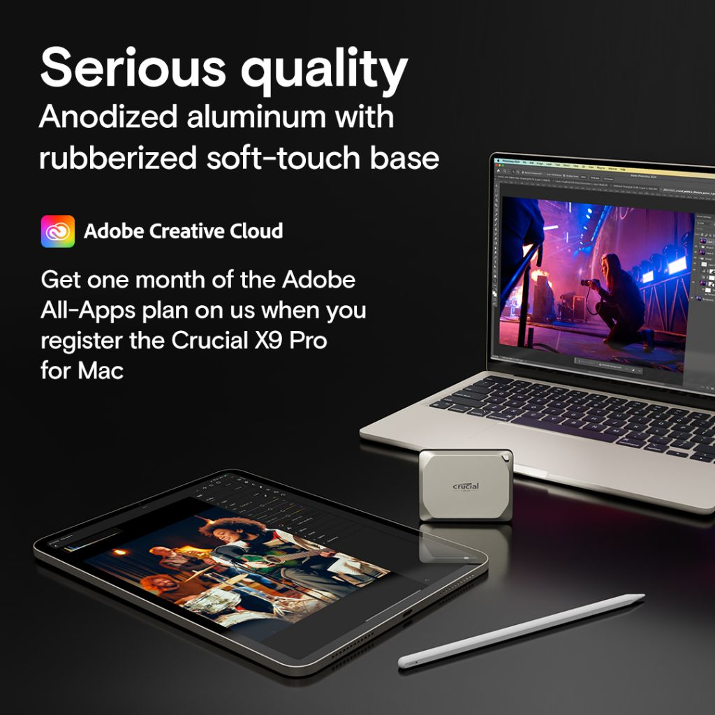 Obraz promocyjny z MacBookiem, iPadem, Crucial X9 Pro i tekstem o Adobe Creative Cloud.
