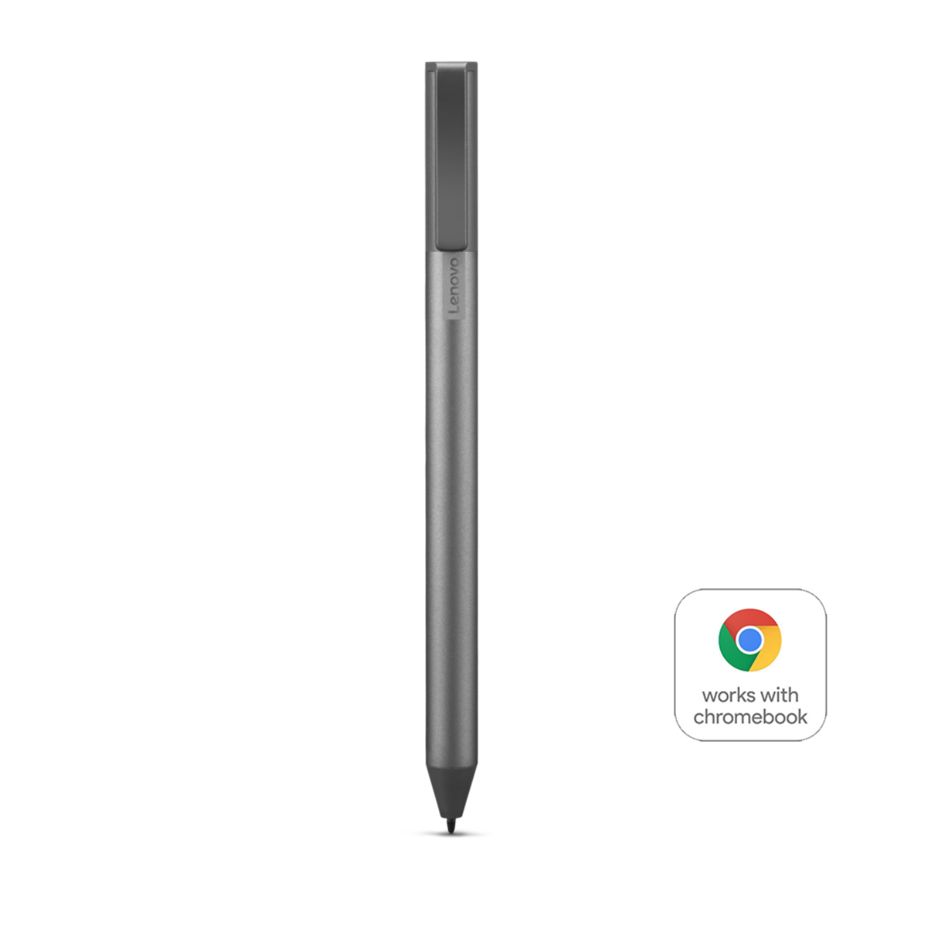 Szary rysik Lenovo. Pióro jest pokazane na białej powierzchni z logo Chromebook.