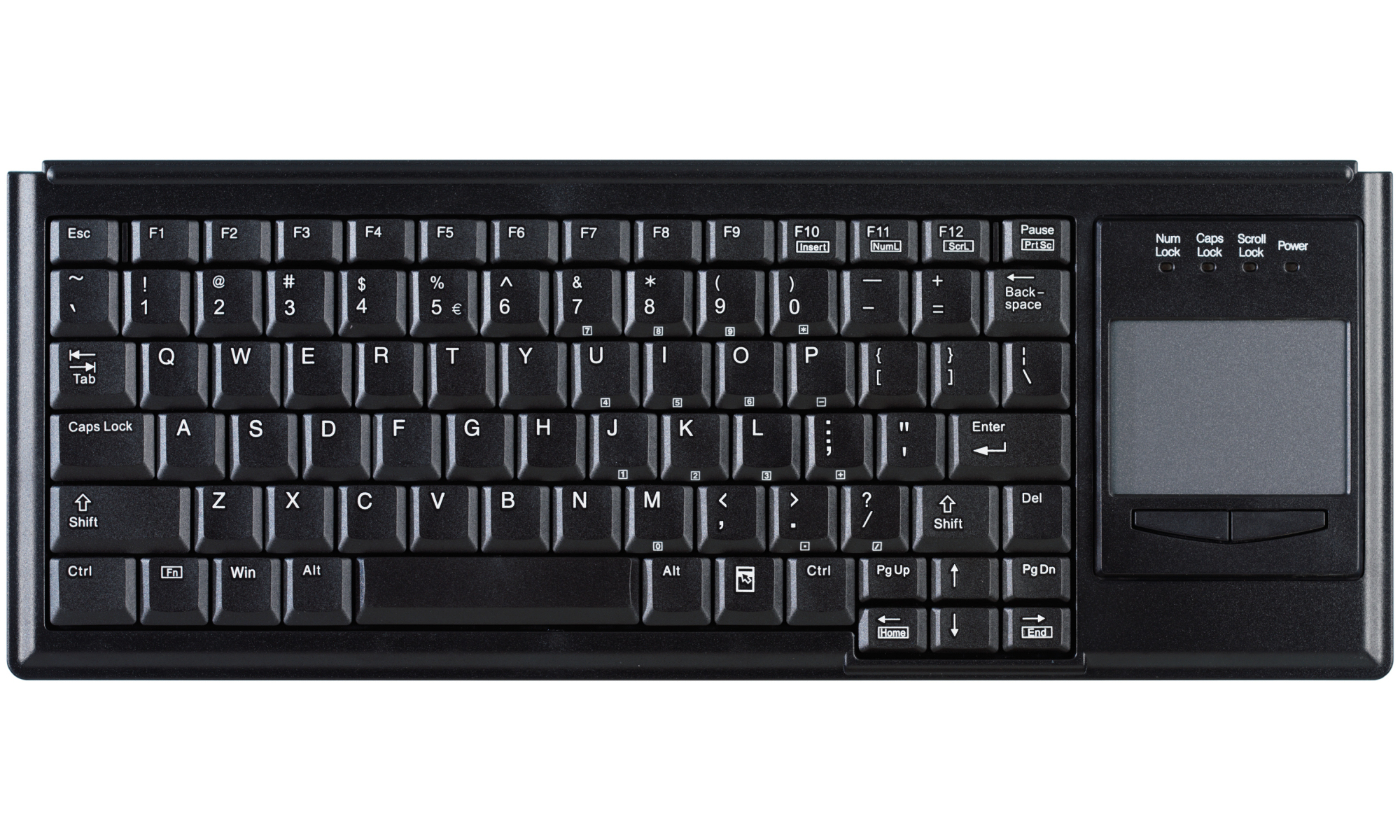 Una tastiera nera con un touchpad sul lato destro. Ha tasti bianchi e un font bianco.
