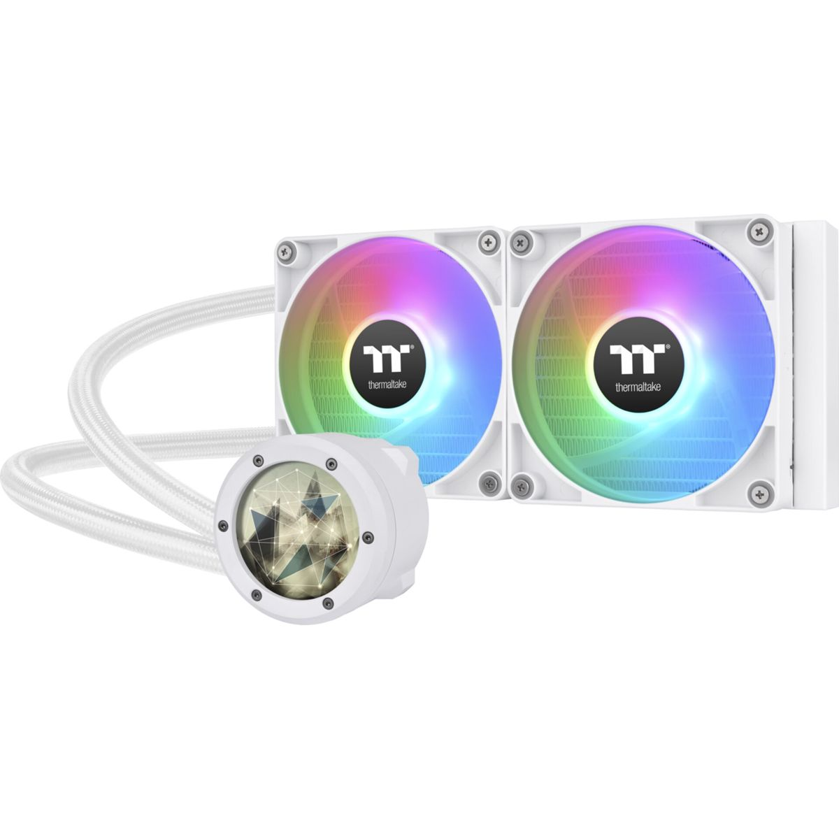 Sistema di raffreddamento per computer bianco con due ventole e un'unità centrale, con illuminazione arcobaleno.