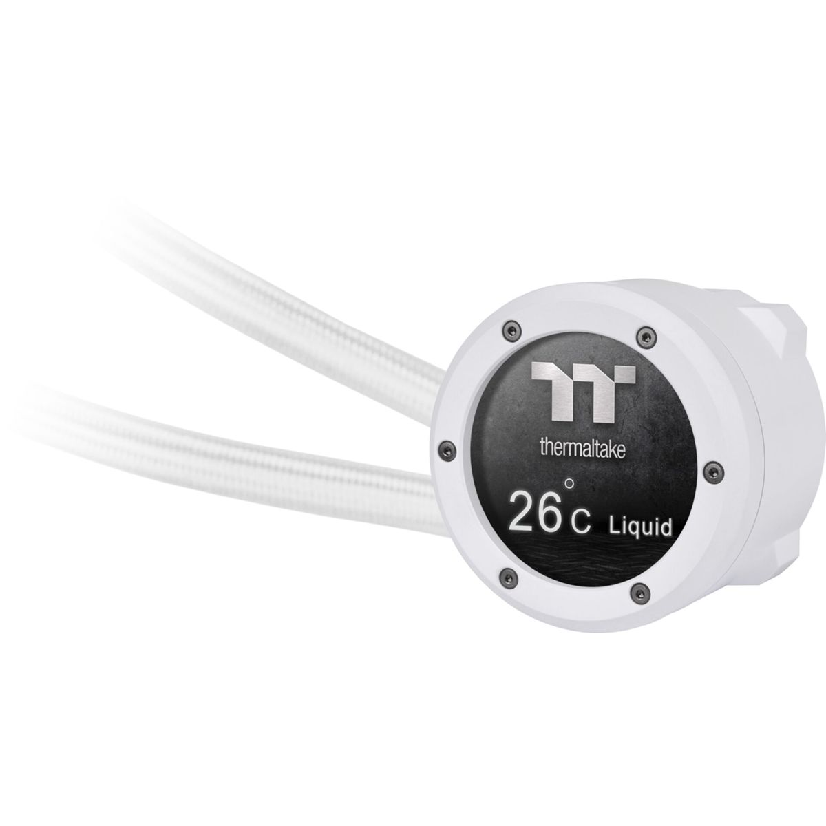 Un componente bianco del dissipatore a liquido con un centro nero che recita 'thermaltake 26°C Liquid'. Ha tubi bianchi collegati.