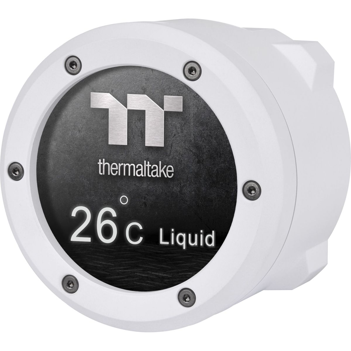 Un componente bianco del dissipatore a liquido con un centro nero che recita 'thermaltake 26°C Liquid'. Le viti sono visibili.