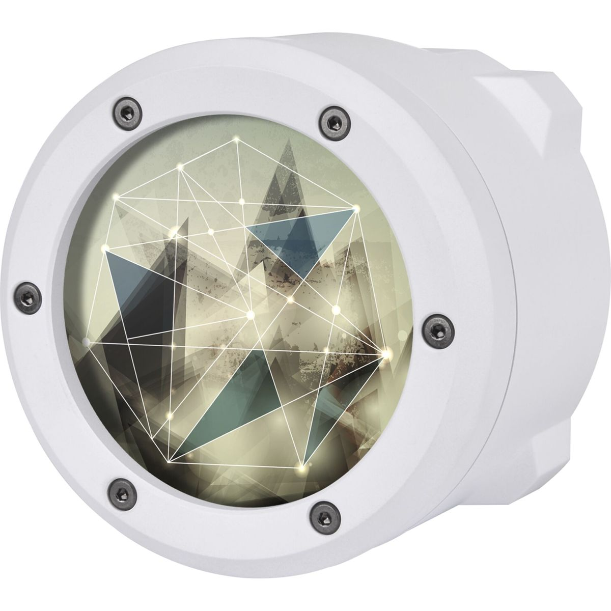 Un componente del dissipatore a liquido bianco con un design geometrico al centro. Le viti sono presenti attorno al cerchio.