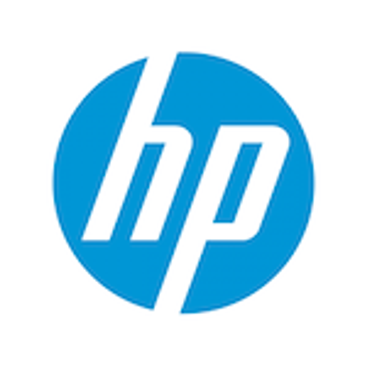 Niebieskie koło z białym logo "hp".