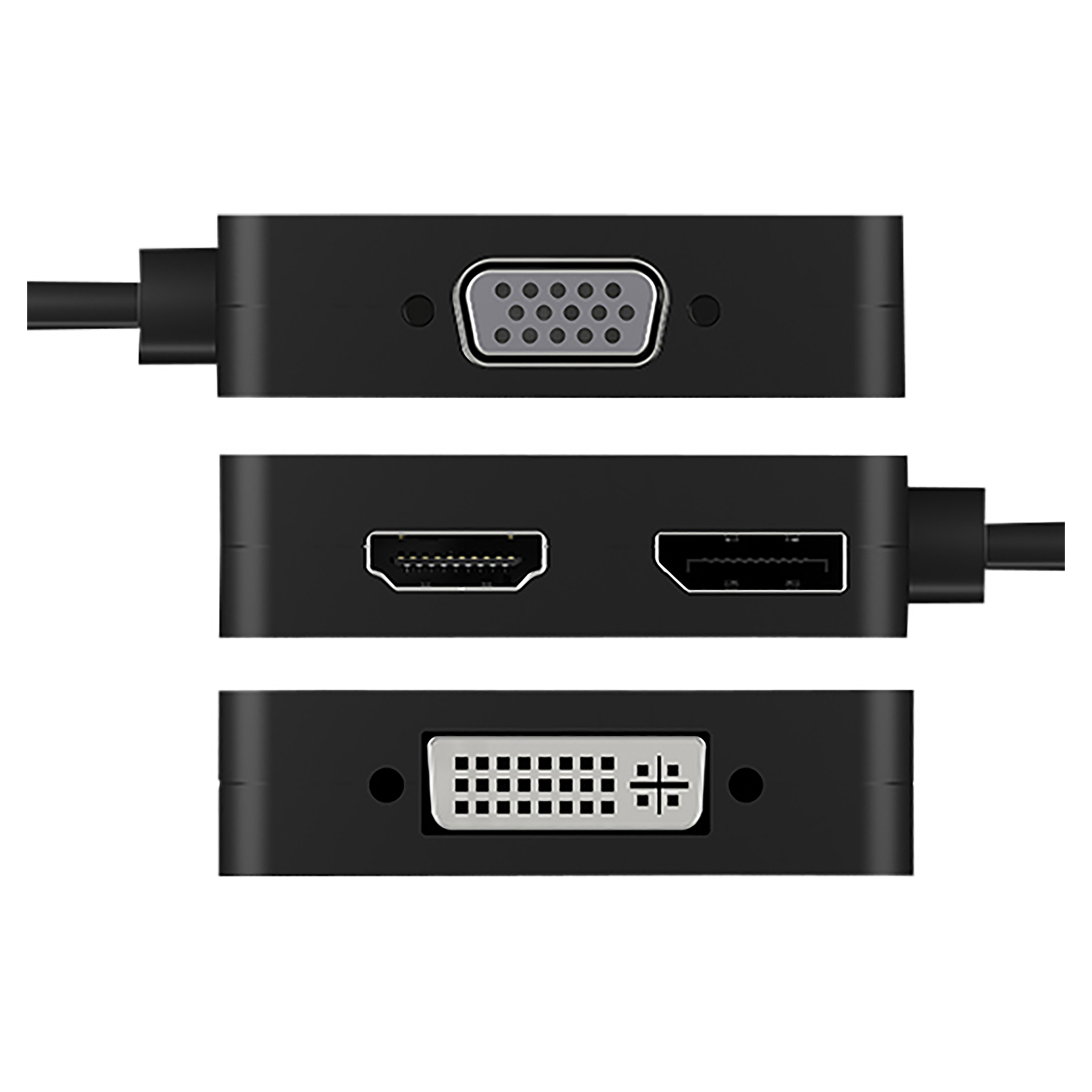Czarny adapter z VGA, HDMI i DVI, na białym tle.