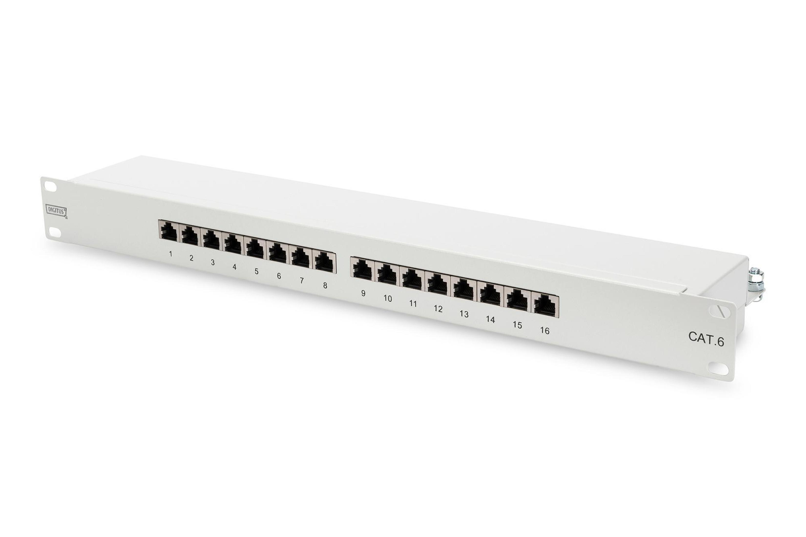 Pannello patch bianco a 16 porte per cavi di rete, numerato e con testo CAT.6.