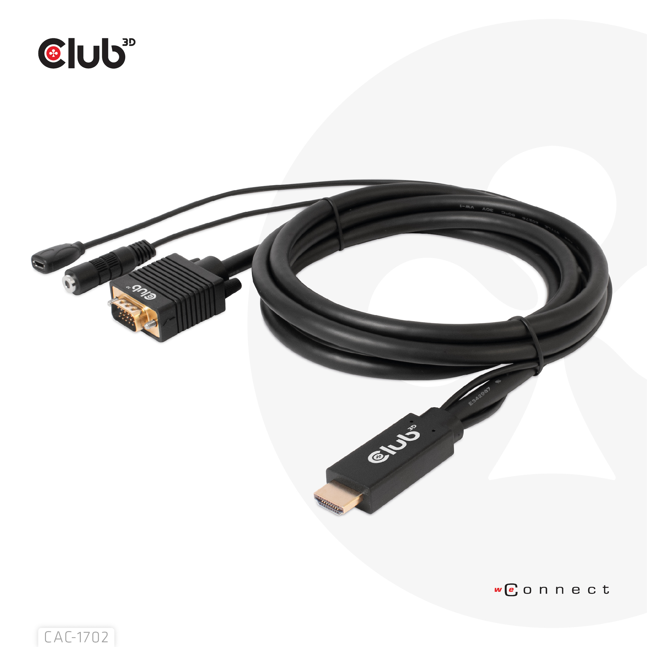 Czarny kabel HDMI do VGA ze złotym złączem, gniazdem audio 3,5 mm i portem micro USB.