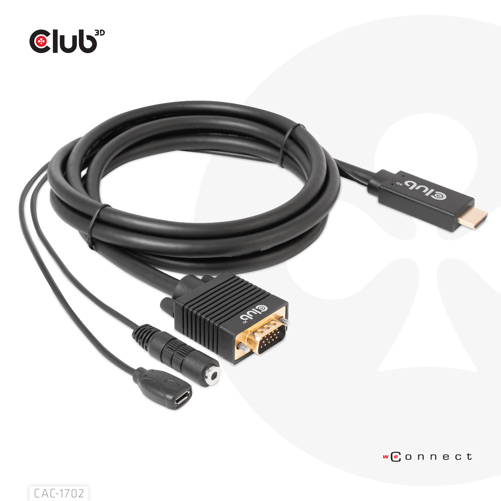 Czarny kabel HDMI do VGA ze złotymi złączami i portem micro USB na białym tle.