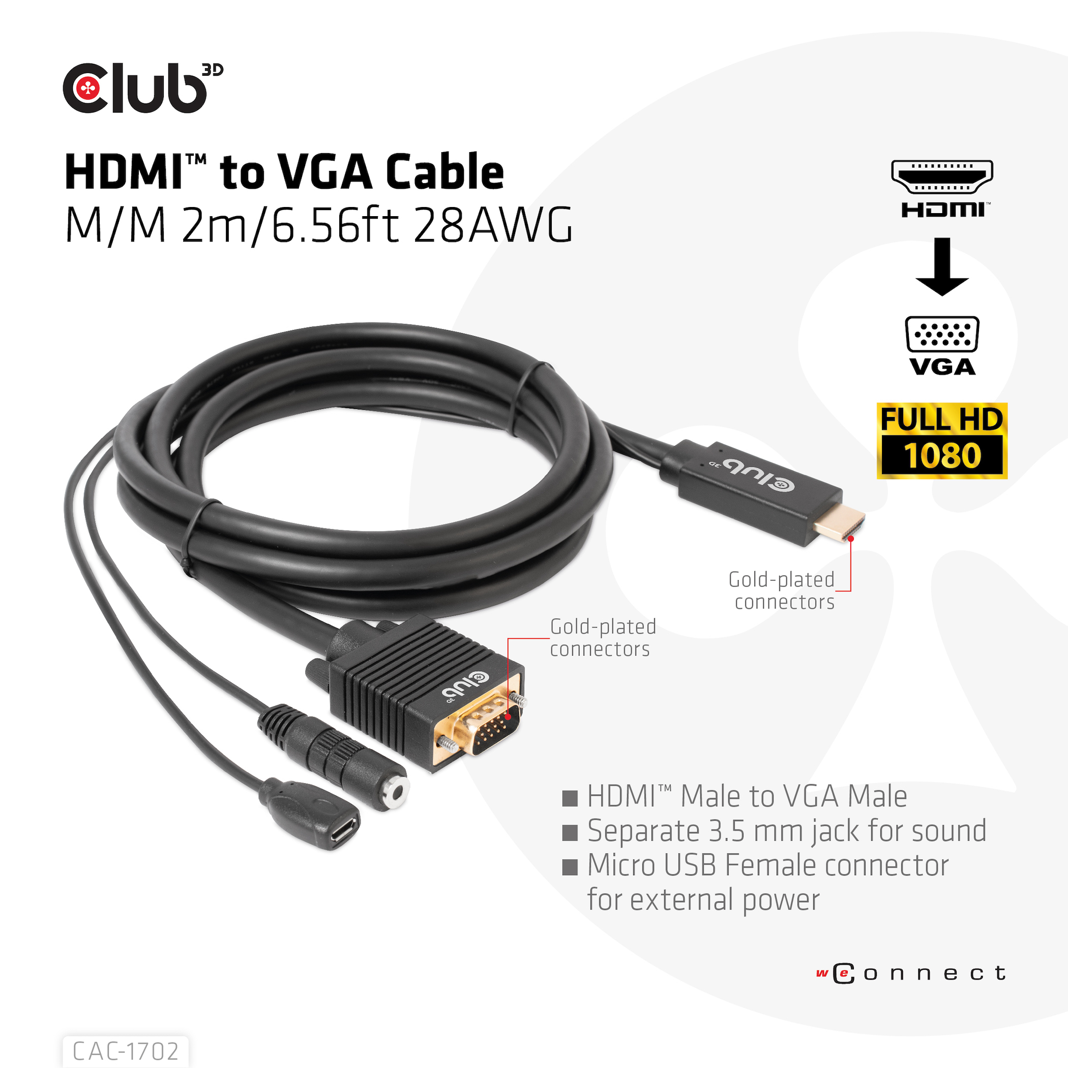 Czarny kabel HDMI do VGA ze złotymi złączami i portem micro USB.