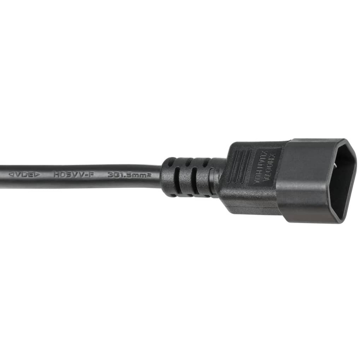 Czarny kabel zasilający ze złączem oznaczonym <lt/>VDE<gt/> H05VV-F 3G1.5mm2, na białym tle.