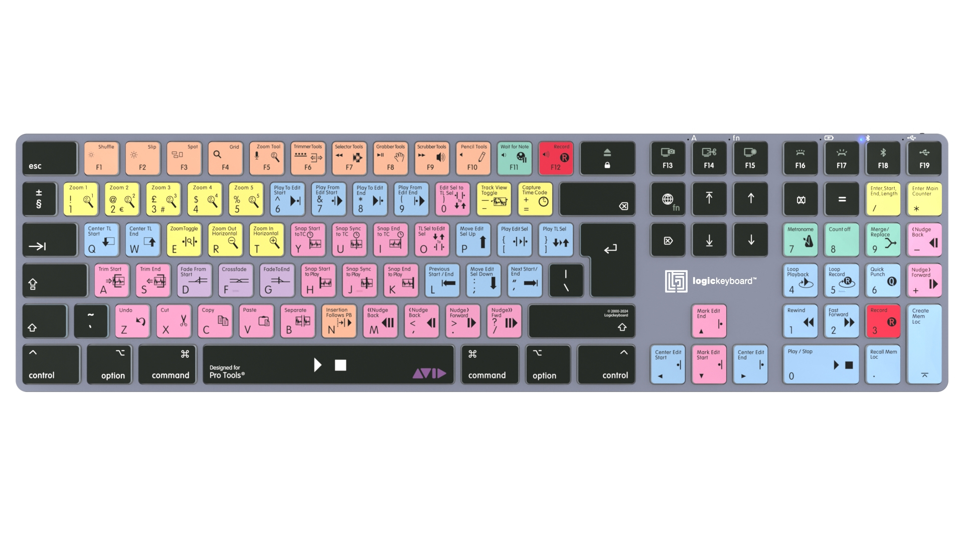Tastiera grigia con tasti colorati. Progettata per Pro Tools. Ha molti tasti funzione.