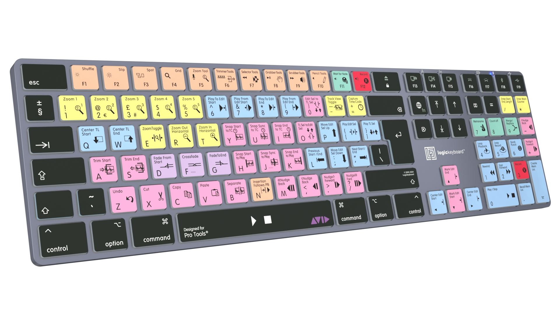 Tastiera grigia con tasti colorati. Progettata per Pro Tools. Ha molti tasti funzione.