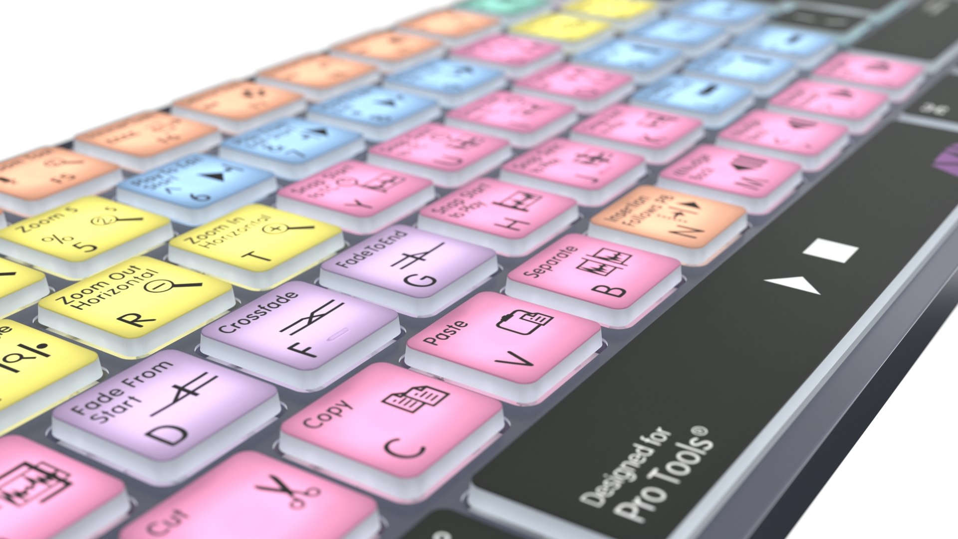 Primo piano di una tastiera Pro Tools. I tasti sono colorati e il marchio è progettato per Pro Tools.