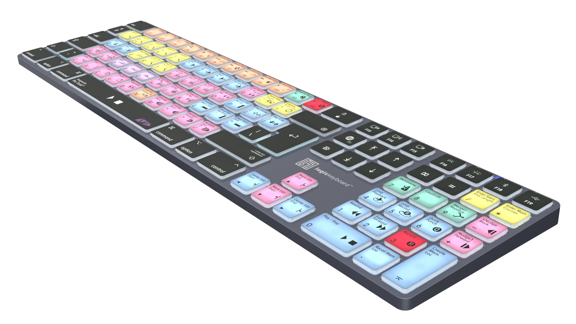 Tastiera grigia con tasti colorati. Progettata per Pro Tools. Ha molti tasti funzione.