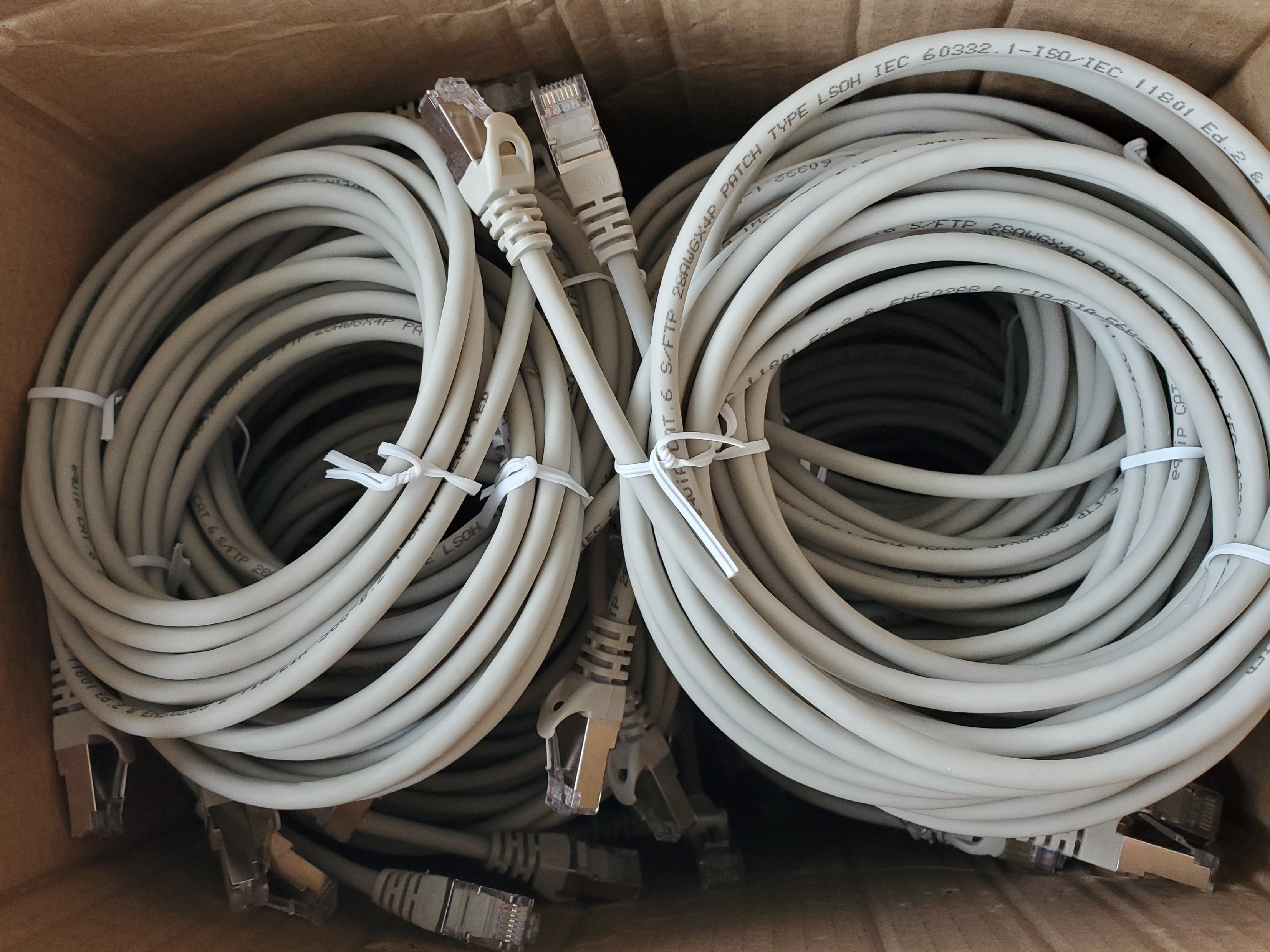 Cavi in una scatola, colore grigio, con connettori RJ45.