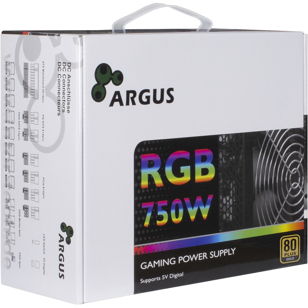 Białe pudełko z tekstem 'ARGUS' i 'RGB 750W', wentylatorem i schematami z boku.
