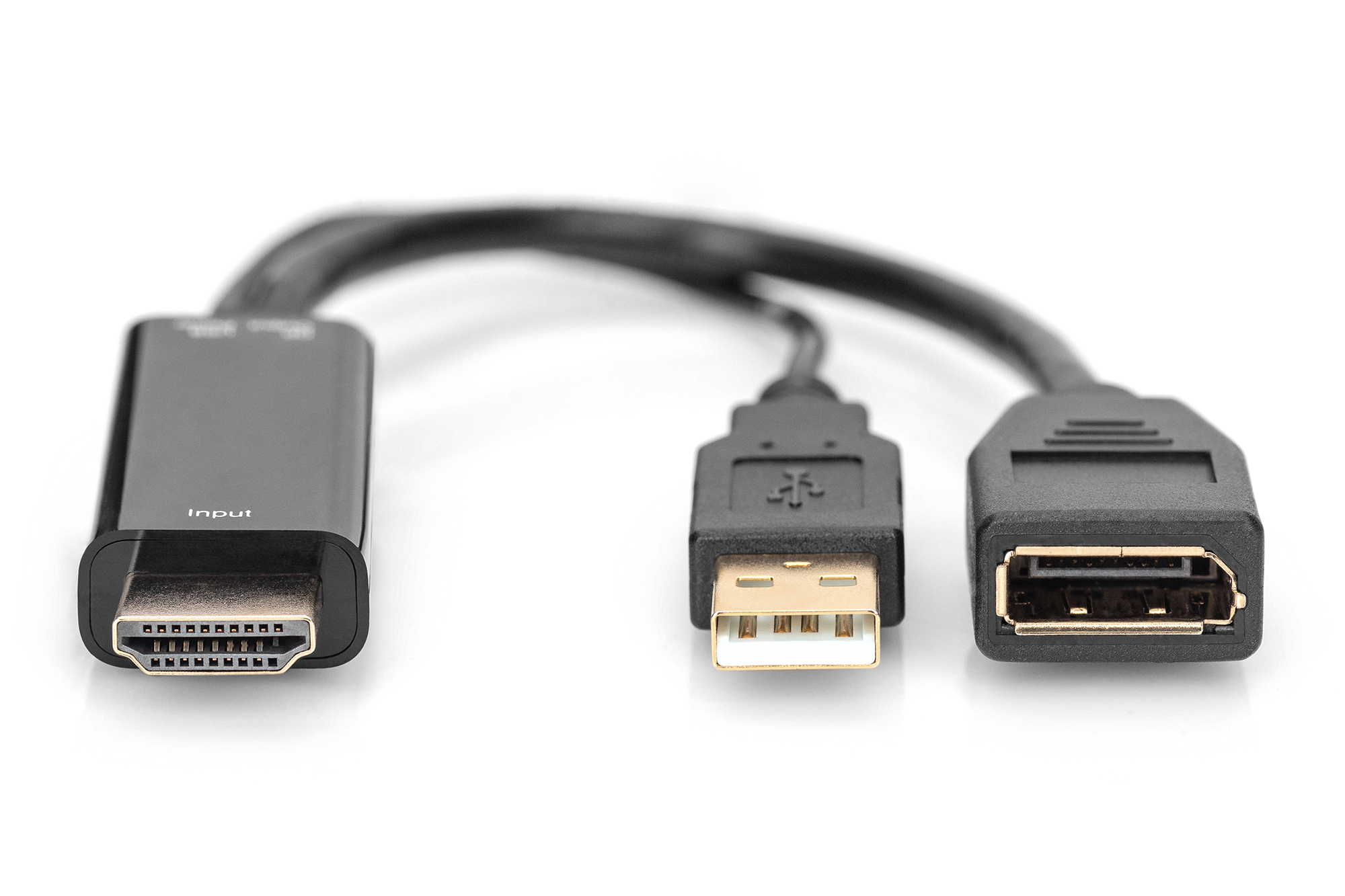Adaptador HDMI negro con conectores HDMI, USB y DisplayPort, sobre fondo blanco.