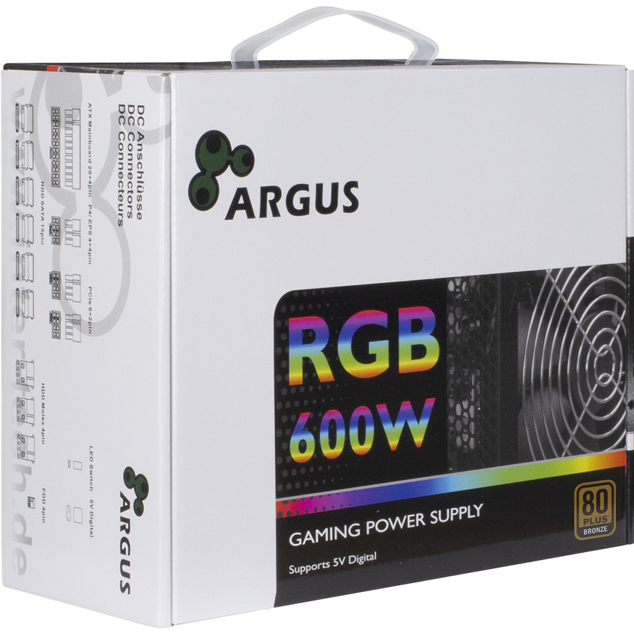 Pudełko z zasilaczem do gier Argus RGB 600W. Białe z kolorowym tekstem.