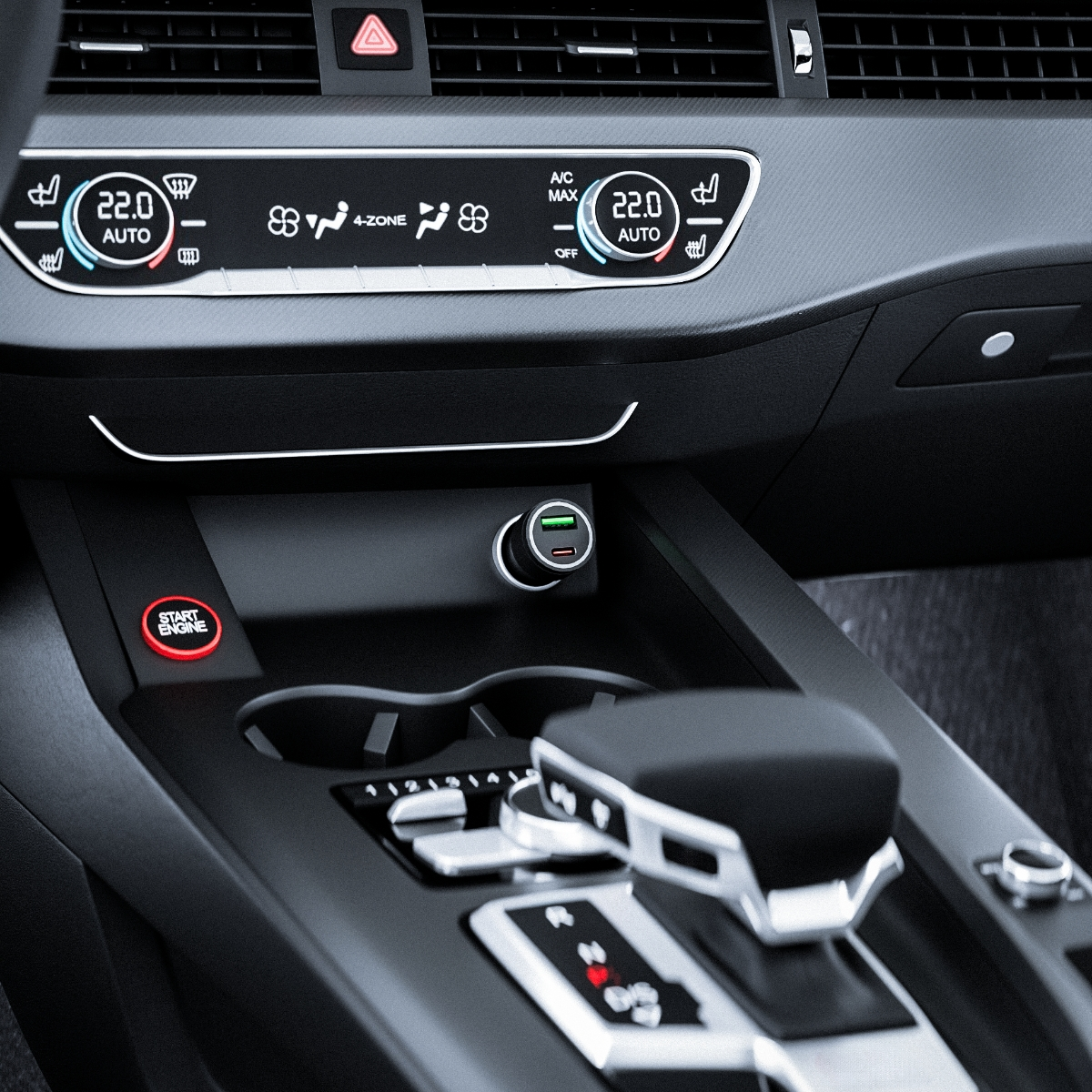 Szczegół wnętrza samochodu. Widoczne elementy sterowania klimatem, zmiana biegów i ładowarka USB.