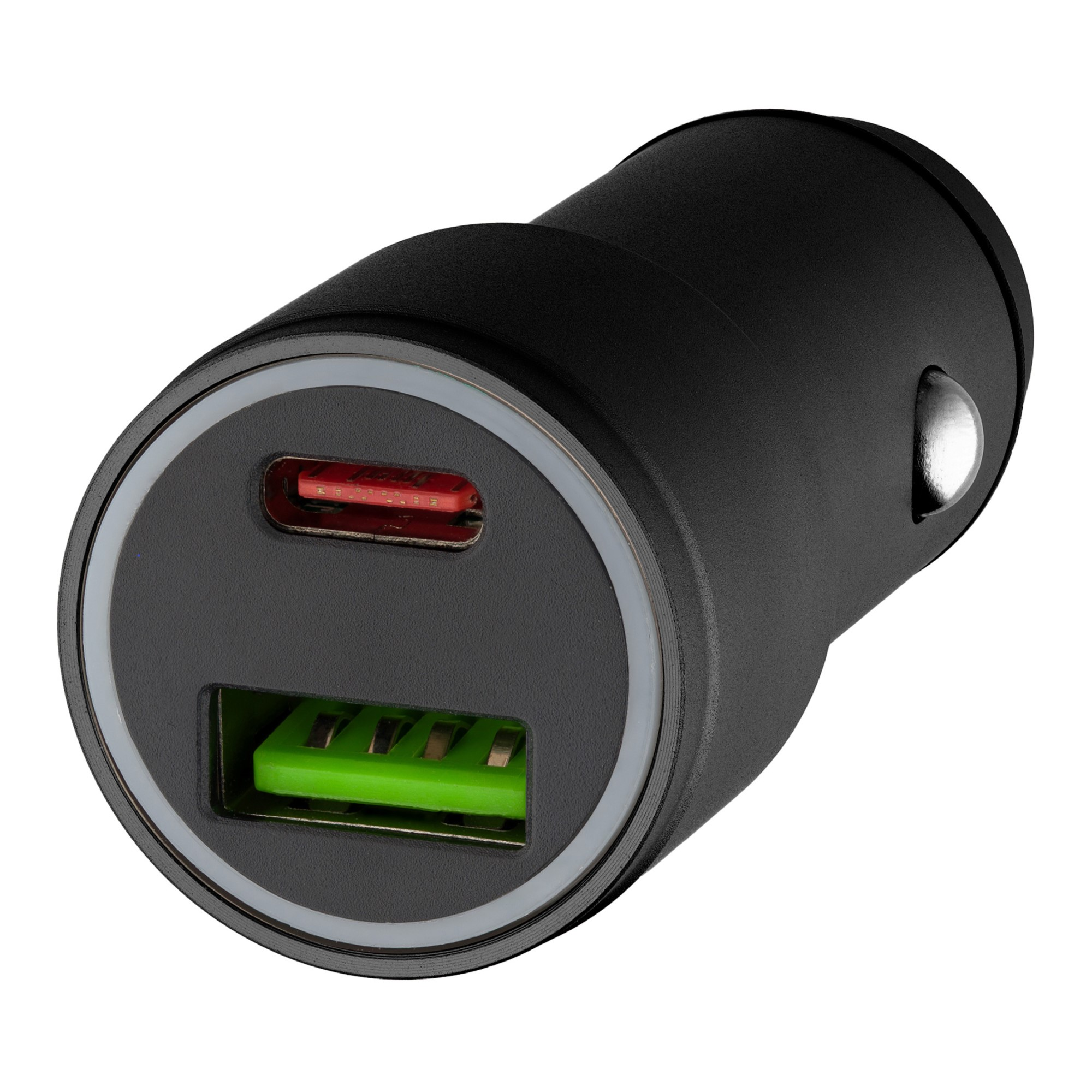 Czarna ładowarka samochodowa z dwoma portami USB. Jeden czerwony, jeden zielony.
