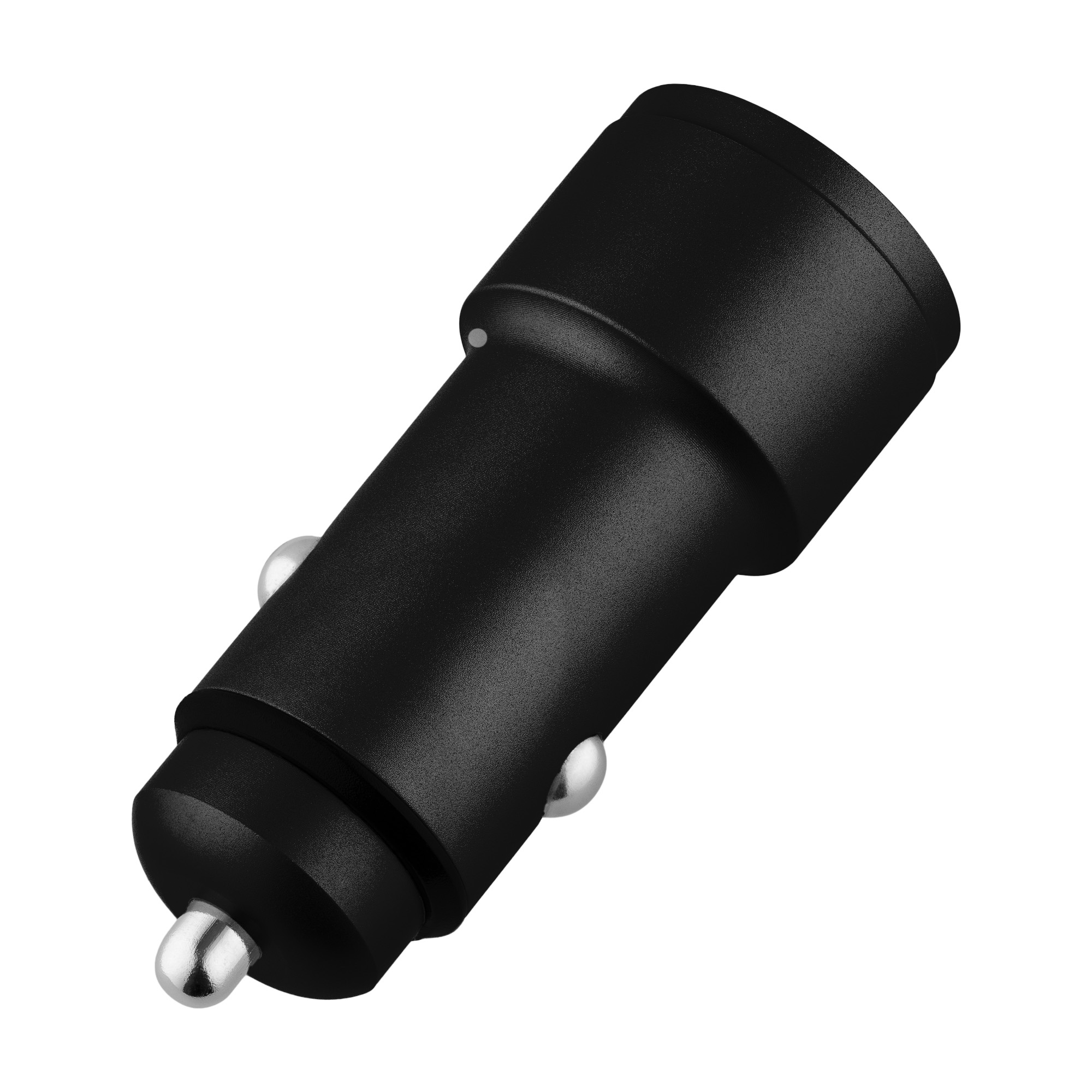 Czarna ładowarka samochodowa ze srebrną końcówką. Ma cylindryczny kształt.