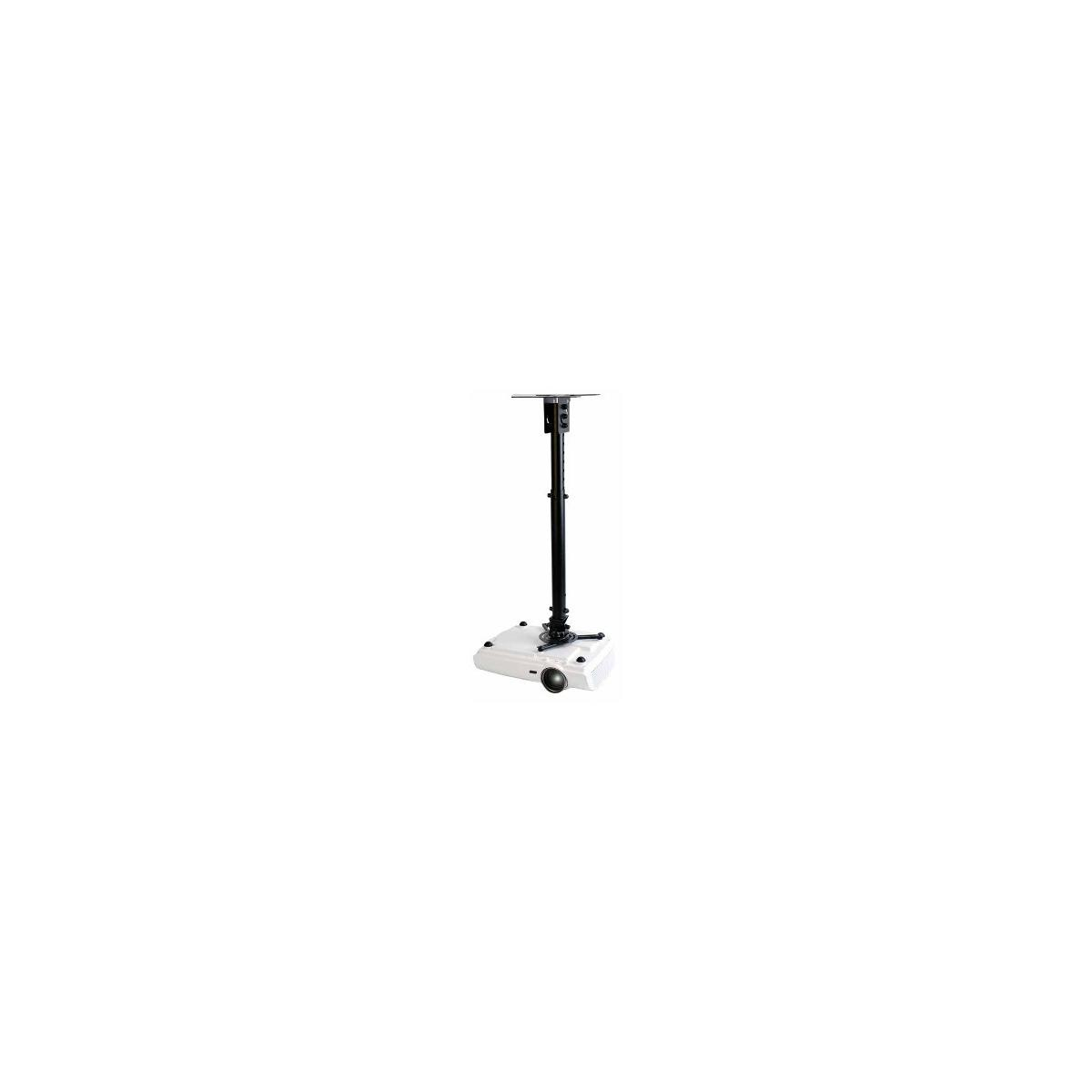 A projector mounted to a ceiling bracket. The projector is white, and the bracket is black.