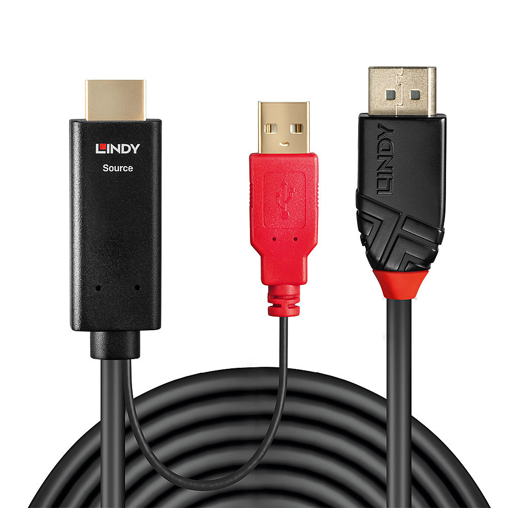 Cavi Lindy neri, rossi e dorati. Connettori HDMI, USB-A e USB-B su sfondo bianco.
