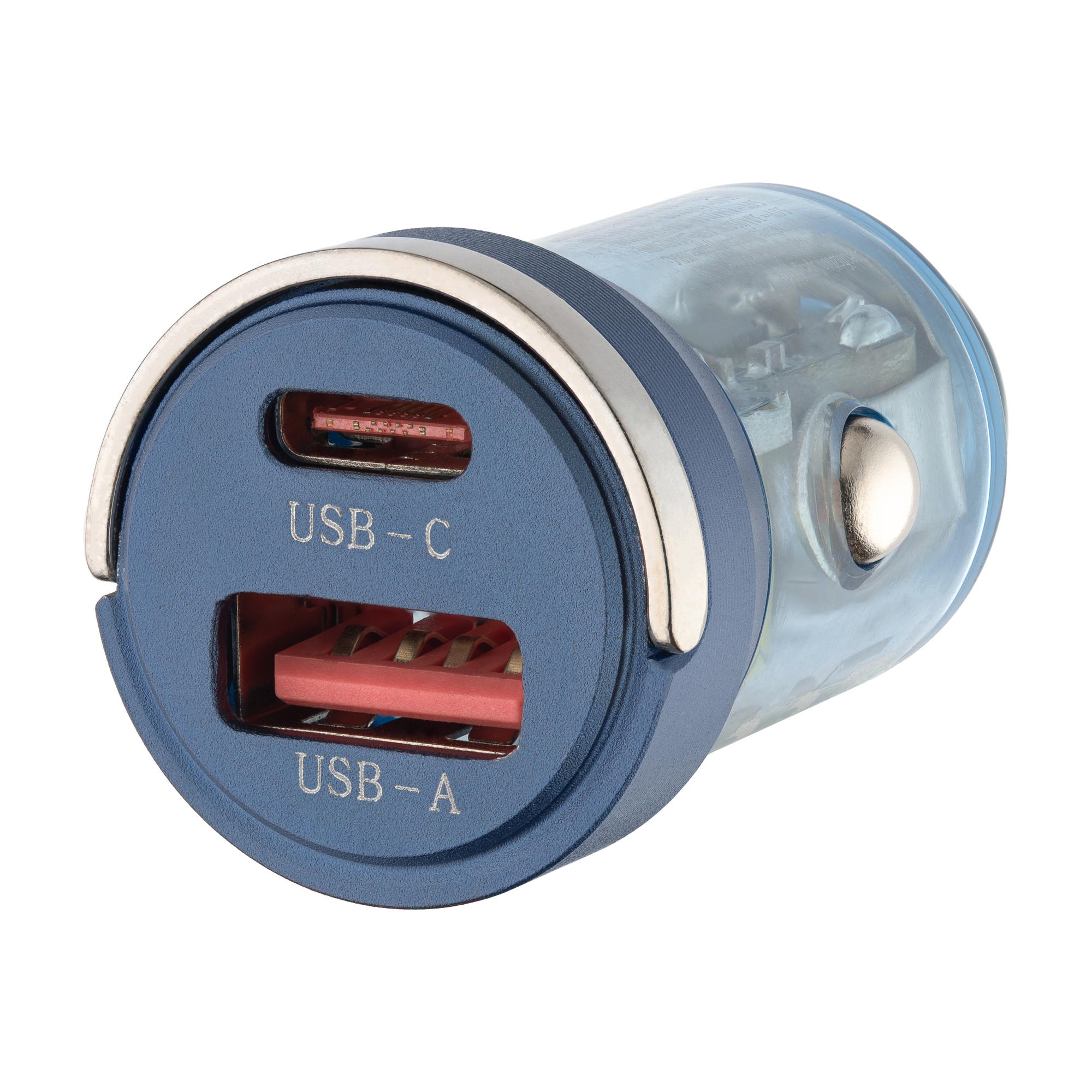 Niebiesko-srebrna ładowarka samochodowa z dwoma portami USB: USB-C i USB-A.