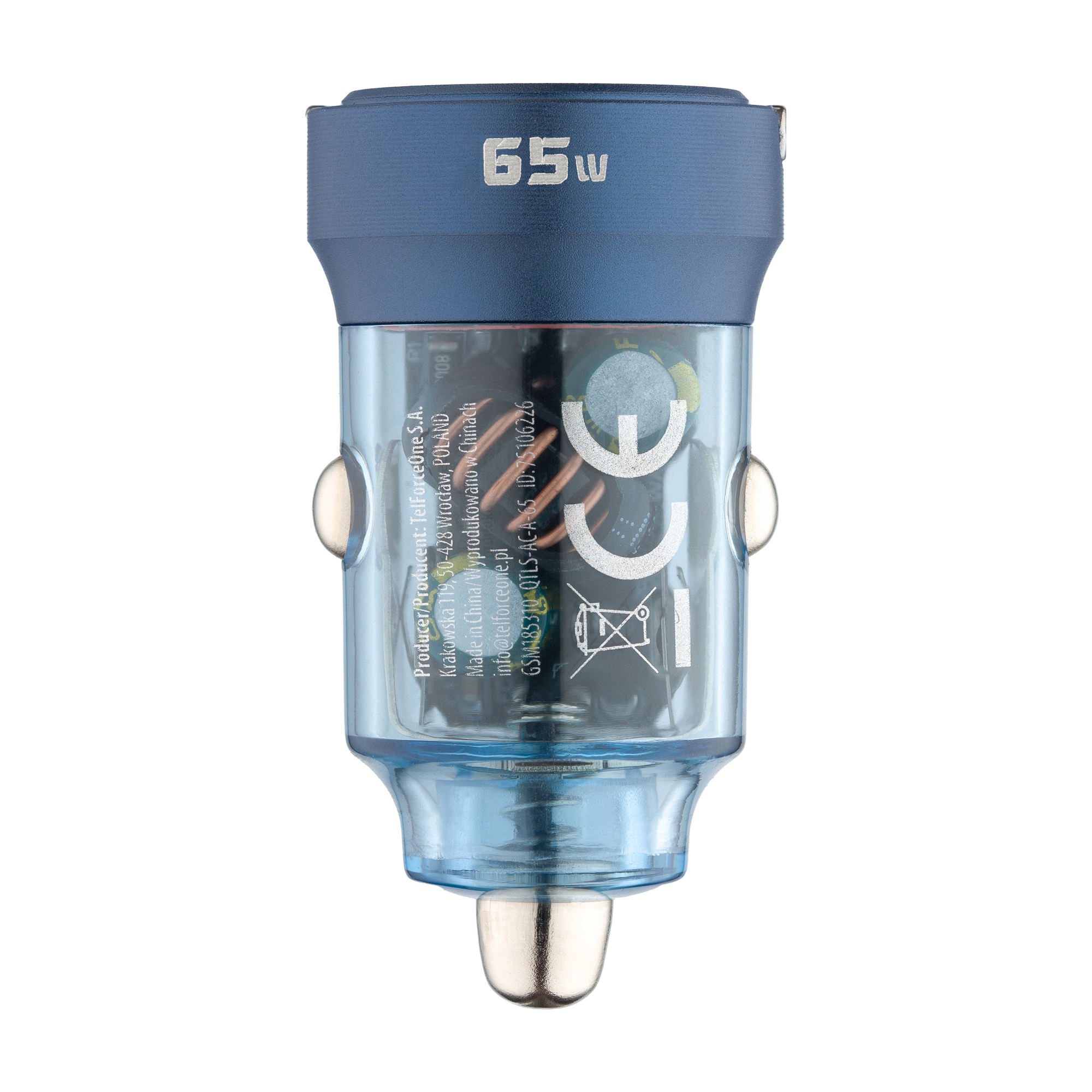 Ładowarka samochodowa z niebieskim wierzchem, przezroczystym korpusem i srebrnymi akcentami. Ma moc 65W.