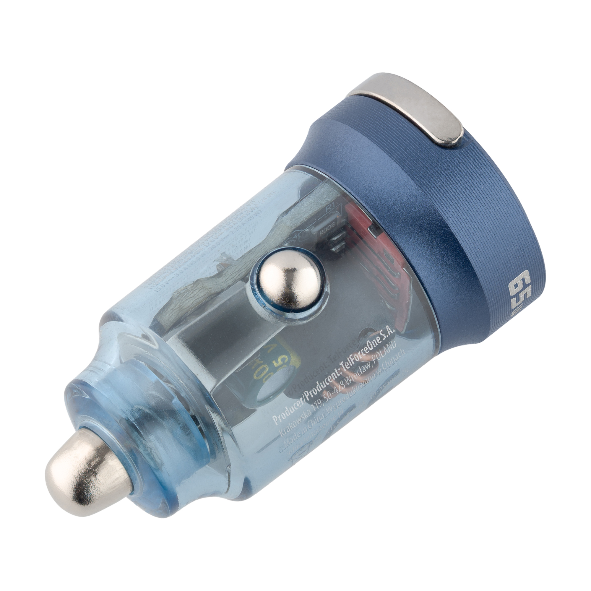 Niebieska i przezroczysta ładowarka samochodowa z metalową nasadką. Szczegóły na białym tle.