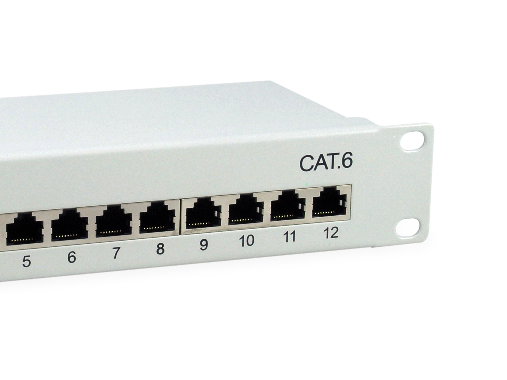 Biały panel krosowy sieci z 12 ponumerowanymi portami i tekstem 'CAT.6'. Porty są czarne.