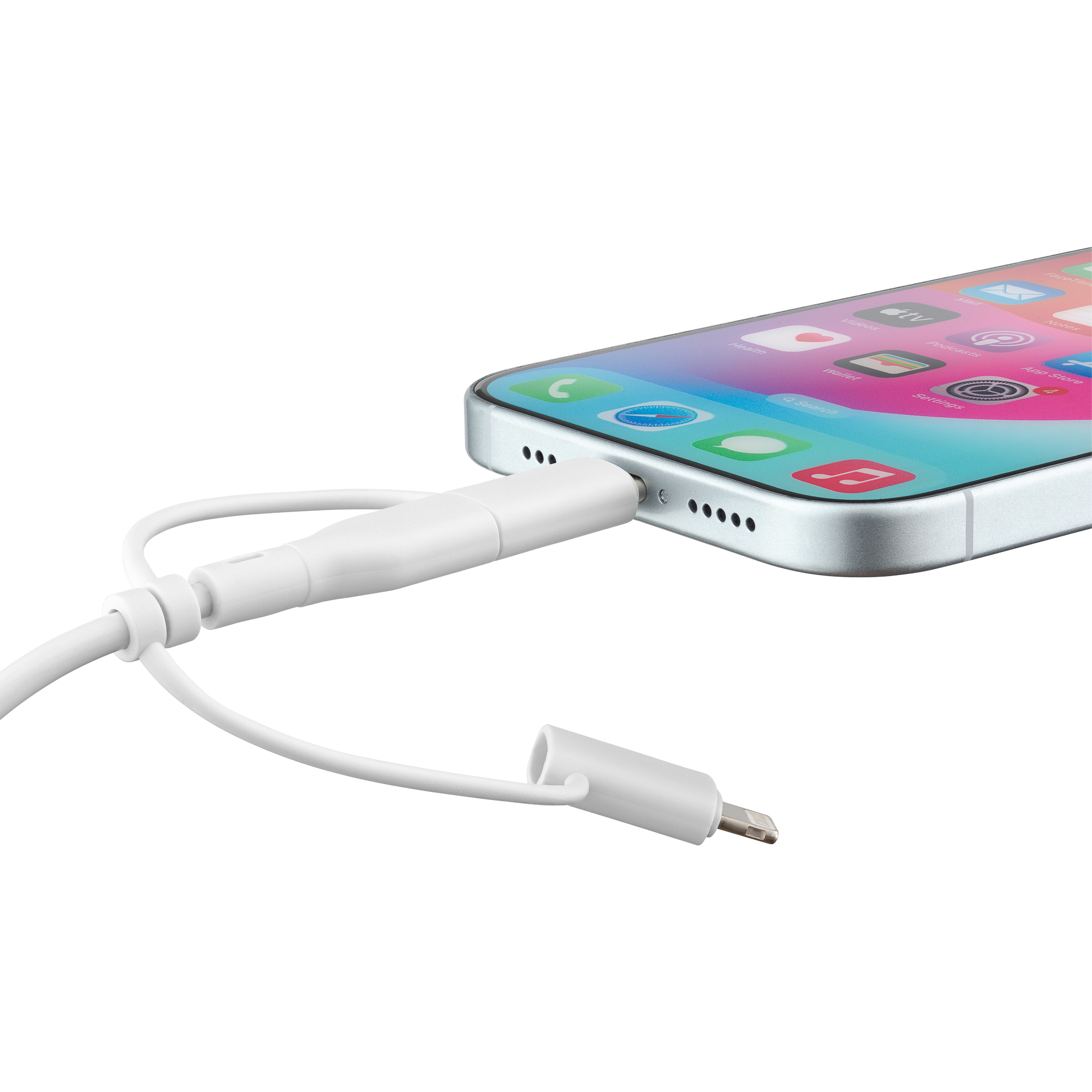 Biały adapter podłączony do telefonu białym kablem.