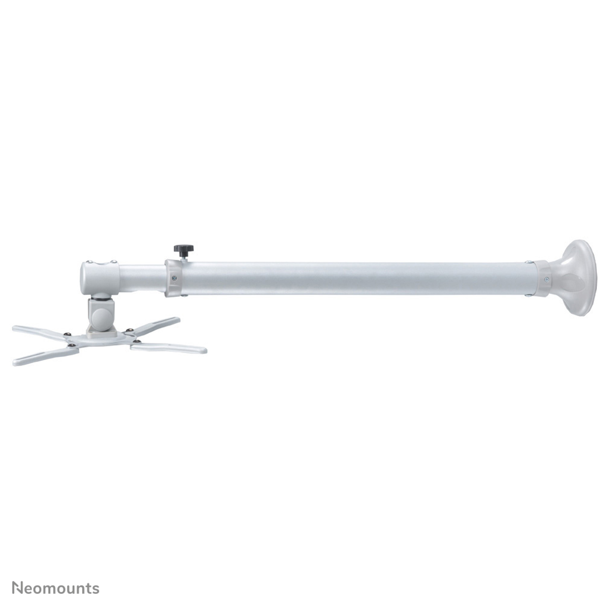 Un supporto a soffitto bianco per proiettore su sfondo bianco. Ha bracci regolabili.