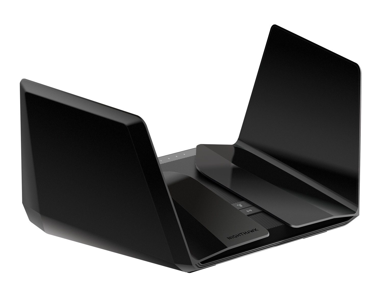 Czarny router Nighthawk z antenami, kątową konstrukcją i ciemnym tłem.