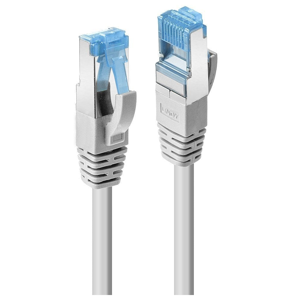 Due cavi Ethernet grigi con connettori blu. Su sfondo bianco.