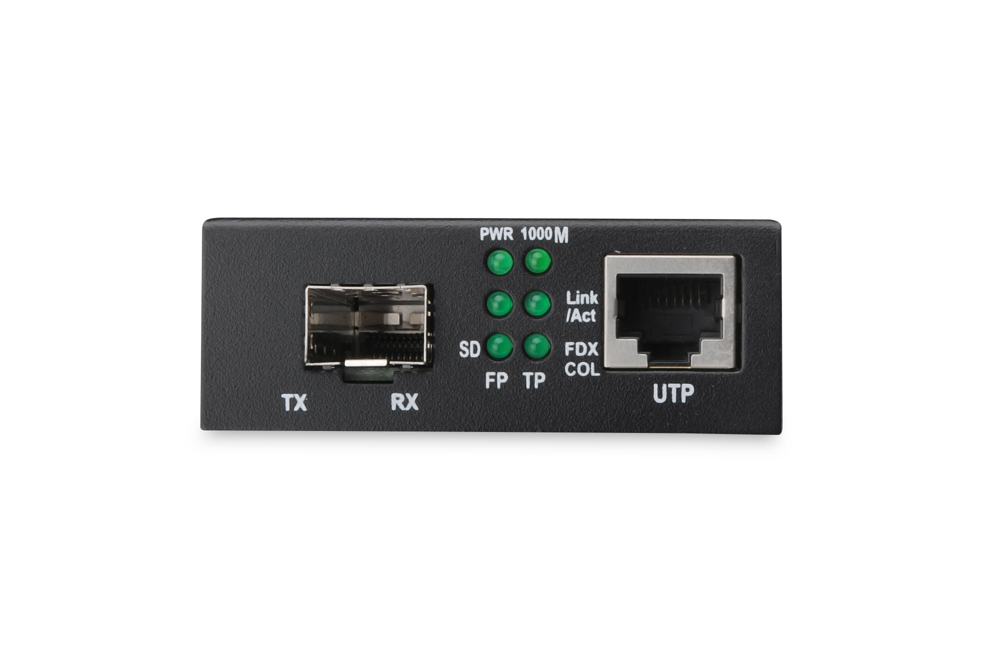 Black media converter with ports and indicator lights on a white background.