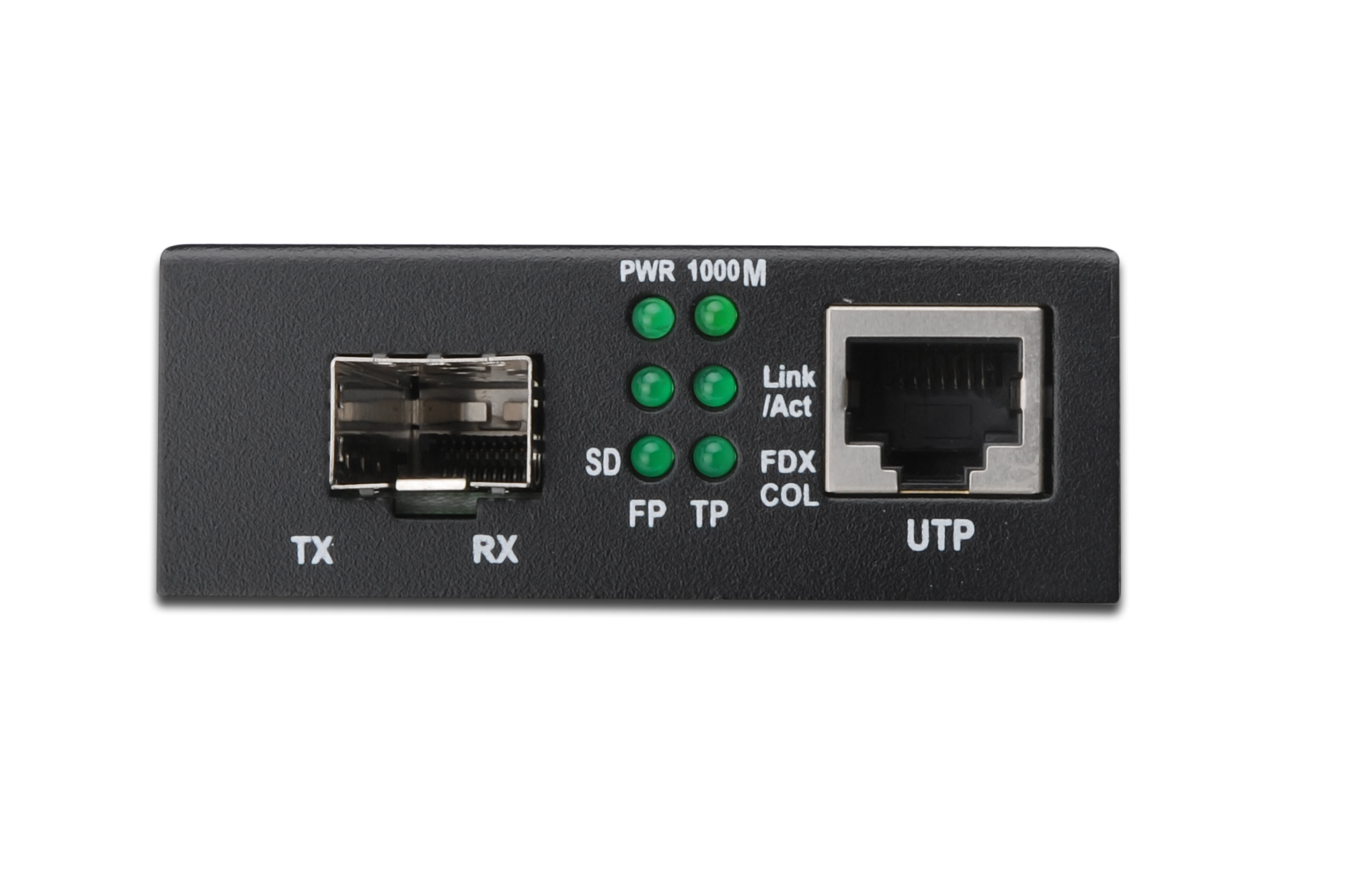 Black media converter with ports and indicator lights on a white background.