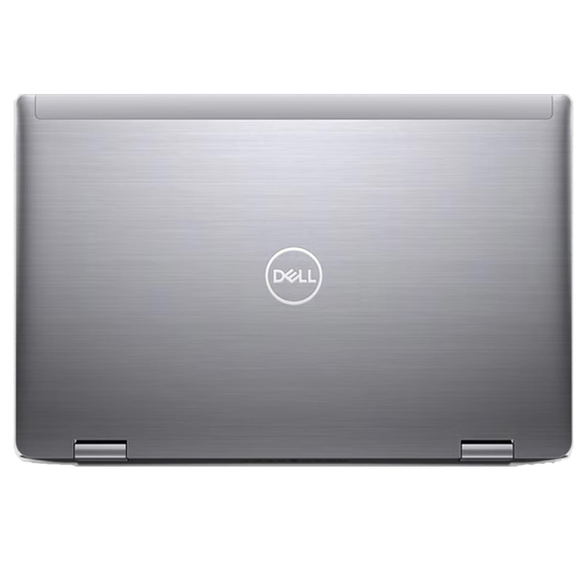 Srebrny laptop z logo Dell na tylnej obudowie. Białe tło.